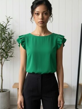 Monteau Womens Blouse Size M Green Pleated Cap Sleeve Summer Top Blouse